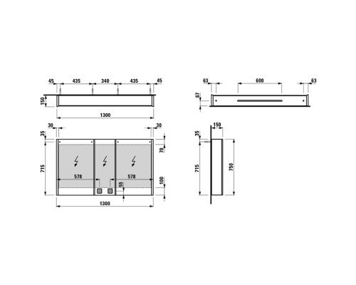 Laufen Frame Зеркальный шкаф 130x75см., LED-подсветка, алюминий, 3 двери, 2 розетки, с дефектом плафона. 4.0875.4.900.144.1 с дефектом плафона